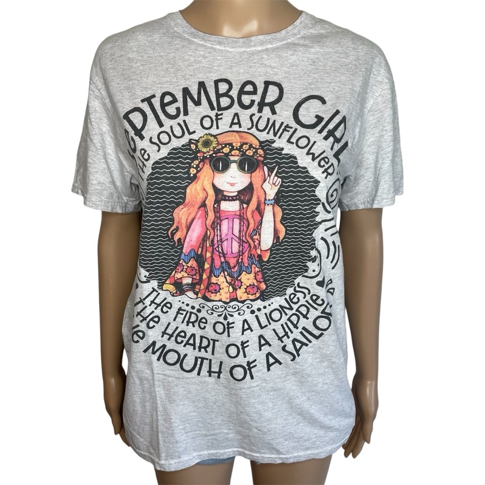 NWOT Gray Crewneck September Girl Graphic Short Sleeve Pullover Tshirt Top